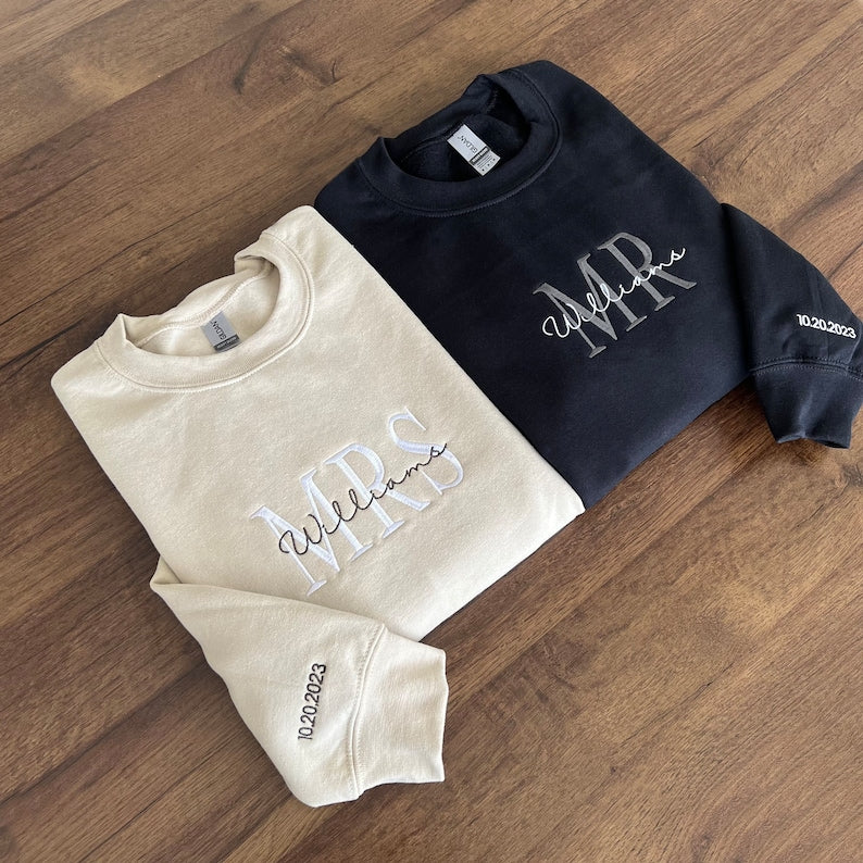 Custom Embroidered sweatshirts for MR AND MRS with last name wife and husband